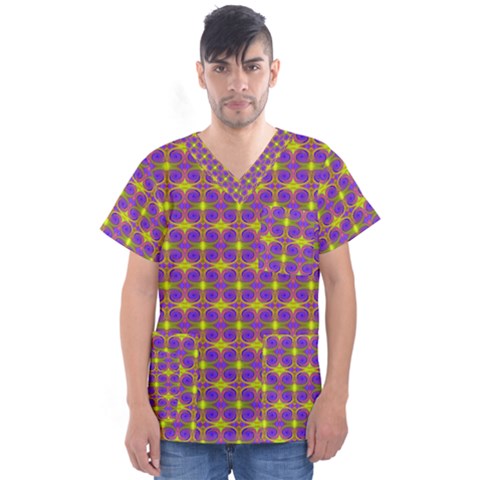 Purple Yellow Swirl Pattern Men s V-neck Scrub Top by BrightVibesDesign