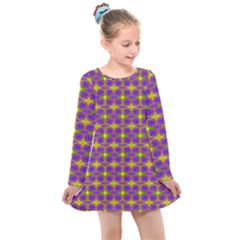 Purple Yellow Swirl Pattern Kids  Long Sleeve Dress