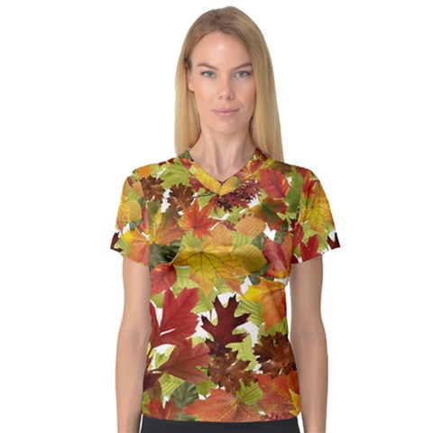 Autumn Fall Leaves V-neck Sport Mesh Tee by LoolyElzayat