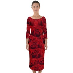 Romantic Red Rose Quarter Sleeve Midi Bodycon Dress by LoolyElzayat