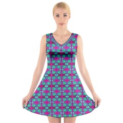 Pink Green Turquoise Swirl Pattern V-neck Sleeveless Dress by BrightVibesDesign