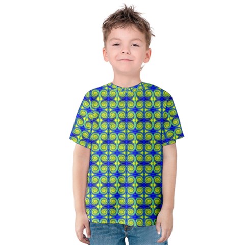 Blue Yellow Green Swirl Pattern Kids  Cotton Tee by BrightVibesDesign