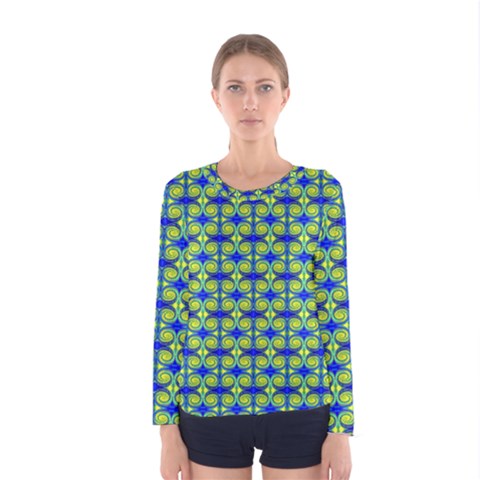 Blue Yellow Green Swirl Pattern Women s Long Sleeve Tee by BrightVibesDesign