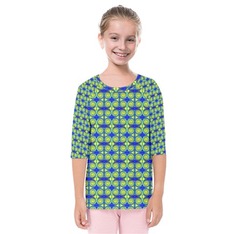 Blue Yellow Green Swirl Pattern Kids  Quarter Sleeve Raglan Tee by BrightVibesDesign