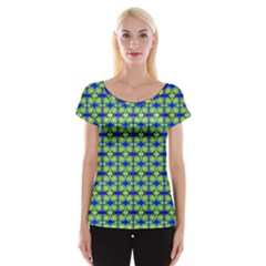 Blue Yellow Green Swirl Pattern Cap Sleeve Tops by BrightVibesDesign