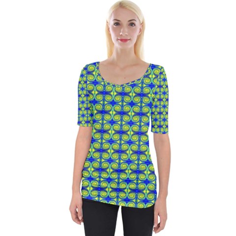 Blue Yellow Green Swirl Pattern Wide Neckline Tee by BrightVibesDesign