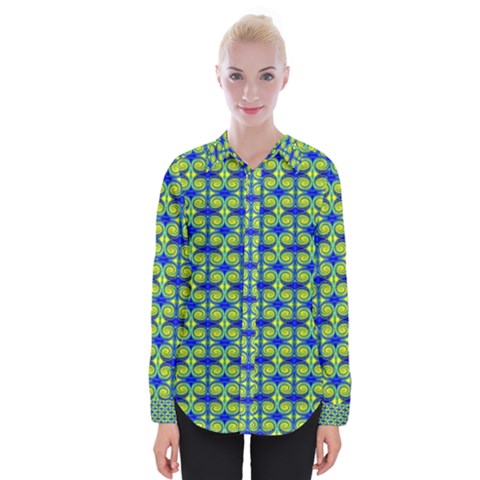 Blue Yellow Green Swirl Pattern Womens Long Sleeve Shirt by BrightVibesDesign