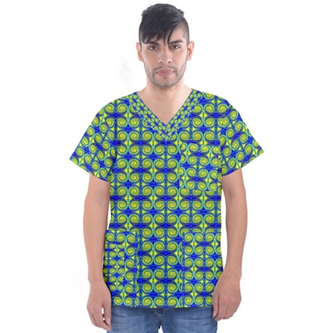 Blue Yellow Green Swirl Pattern Men s V-neck Scrub Top by BrightVibesDesign