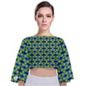 Blue Yellow Green Swirl Pattern Tie Back Butterfly Sleeve Chiffon Top View1