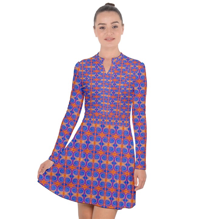 Blue Orange Yellow Swirl Pattern Long Sleeve Panel Dress