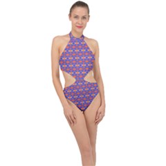 Blue Orange Yellow Swirl Pattern Halter Side Cut Swimsuit by BrightVibesDesign