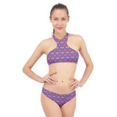 Blue Orange Yellow Swirl Pattern High Neck Bikini Set