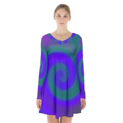 Swirl Green Blue Abstract Long Sleeve Velvet V-neck Dress by BrightVibesDesign