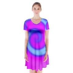 Swirl Pink Turquoise Abstract Short Sleeve V-neck Flare Dress by BrightVibesDesign