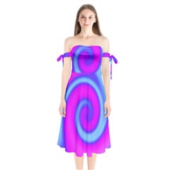 Swirl Pink Turquoise Abstract Shoulder Tie Bardot Midi Dress by BrightVibesDesign