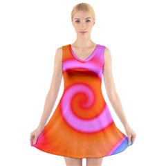 Swirl Orange Pink Abstract V-neck Sleeveless Dress by BrightVibesDesign