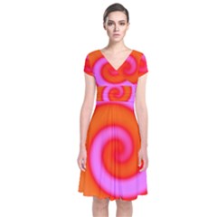 Swirl Orange Pink Abstract Short Sleeve Front Wrap Dress by BrightVibesDesign