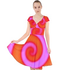 Swirl Orange Pink Abstract Cap Sleeve Front Wrap Midi Dress by BrightVibesDesign