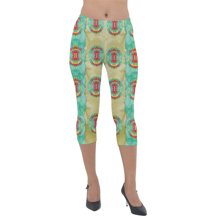 Peace Will Be In Fantasy Flowers With Love Lightweight Velour Capri Leggings 