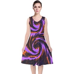 Swirl Black Purple Orange V-neck Midi Sleeveless Dress  by BrightVibesDesign