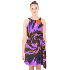 Swirl Black Purple Orange Halter Collar Waist Tie Chiffon Dress by BrightVibesDesign