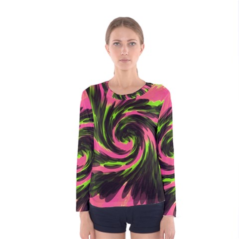 Swirl Black Pink Green Women s Long Sleeve Tee by BrightVibesDesign