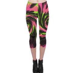 Swirl Black Pink Green Capri Leggings  by BrightVibesDesign