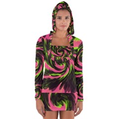 Swirl Black Pink Green Long Sleeve Hooded T-shirt by BrightVibesDesign