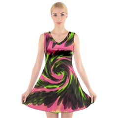 Swirl Black Pink Green V-neck Sleeveless Dress by BrightVibesDesign