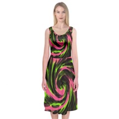 Swirl Black Pink Green Midi Sleeveless Dress by BrightVibesDesign