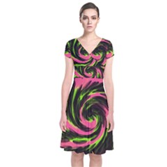 Swirl Black Pink Green Short Sleeve Front Wrap Dress by BrightVibesDesign