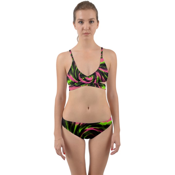 Swirl Black Pink Green Wrap Around Bikini Set