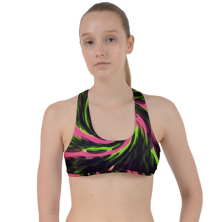 Swirl Black Pink Green Criss Cross Racerback Sports Bra