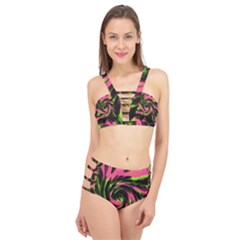 Swirl Black Pink Green Cage Up Bikini Set