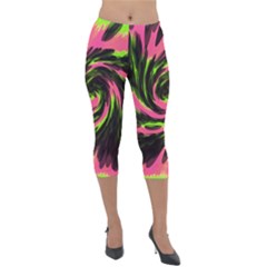 Swirl Black Pink Green Lightweight Velour Capri Leggings 