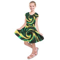 Swirl Black Yellow Green Kids  Short Sleeve Dress by BrightVibesDesign