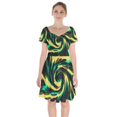 Swirl Black Yellow Green Short Sleeve Bardot Dress by BrightVibesDesign