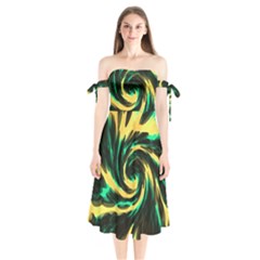 Swirl Black Yellow Green Shoulder Tie Bardot Midi Dress by BrightVibesDesign