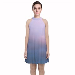 Blue Pink Clouds Velvet Halter Neckline Dress  by LoolyElzayat