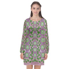 Ivy And  Holm Oak With Fantasy Meditative Orchid Flowers Long Sleeve Chiffon Shift Dress  by pepitasart