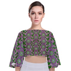 Ivy And  Holm Oak With Fantasy Meditative Orchid Flowers Tie Back Butterfly Sleeve Chiffon Top by pepitasart