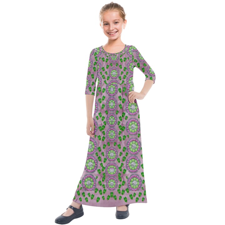 Ivy And  Holm Oak With Fantasy Meditative Orchid Flowers Kids  Quarter Sleeve Maxi Dress