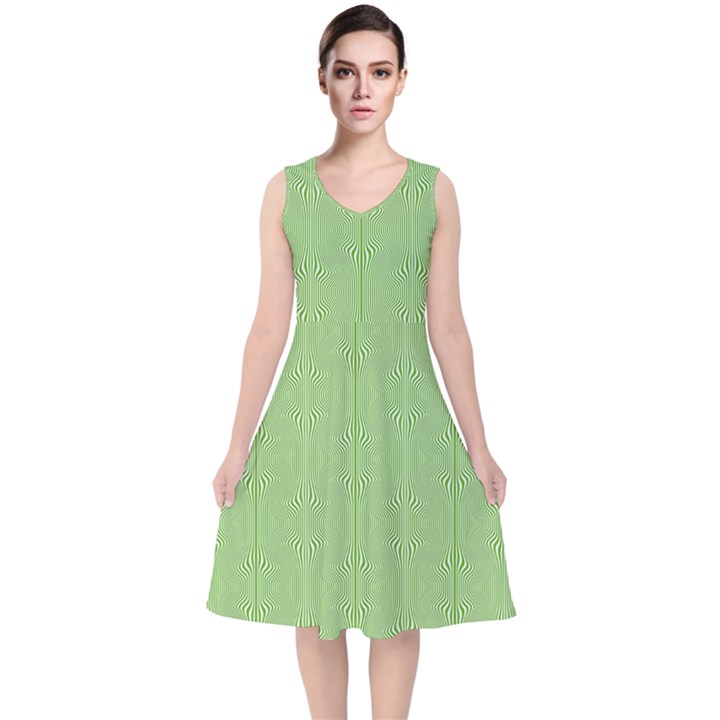 Mod Twist Stripes Green And White V-Neck Midi Sleeveless Dress 