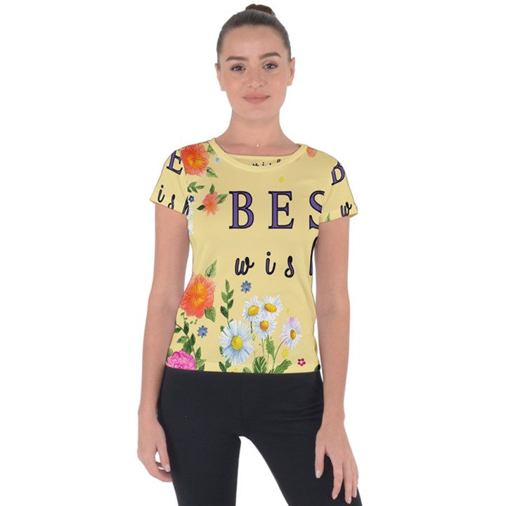 Best Wishes Yellow Flower Greeting Short Sleeve Sports Top 