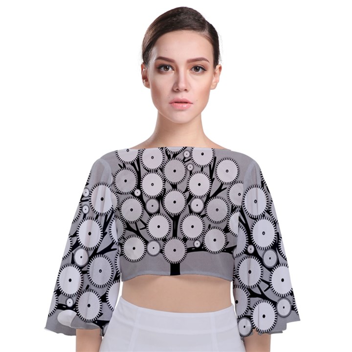 Gears Tree Structure Networks Tie Back Butterfly Sleeve Chiffon Top