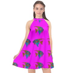 Opposite Way Fish Swimming Halter Neckline Chiffon Dress  by Sapixe