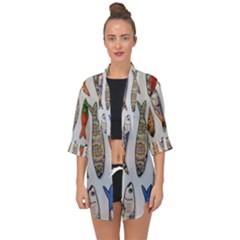 Fish Sardines Motive Pattern Open Front Chiffon Kimono