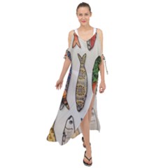 Fish Sardines Motive Pattern Maxi Chiffon Cover Up Dress