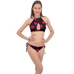 Background Hearts Ornament Romantic Cross Front Halter Bikini Set