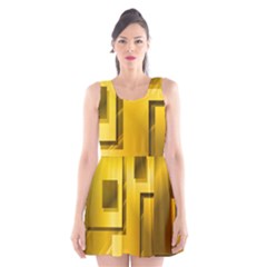 Yellow Gold Figures Rectangles Squares Mirror Scoop Neck Skater Dress by Sapixe